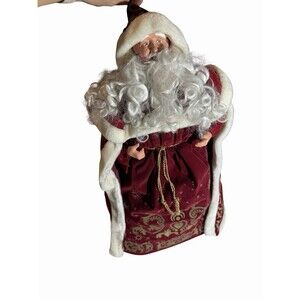 Santa Clause Tree Topper 24 Inch Tall Free Standing Red Velvet coat Gold accents